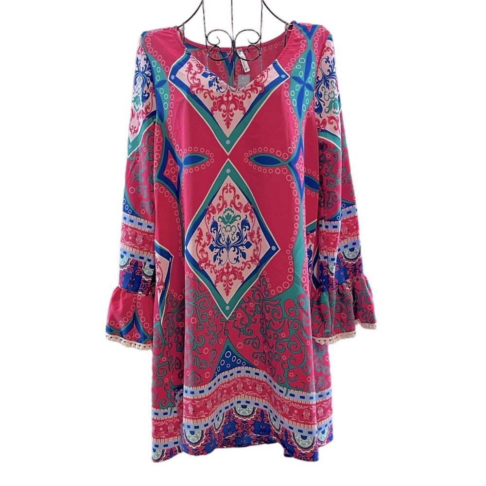 NEW Auditions Women’s Long Ruffle Sleeve Pink V Neck Mini Dress, Size Small